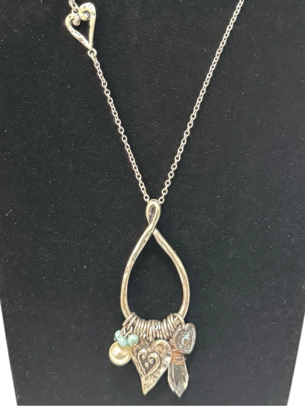 Charm Necklace | Teardrop Pendant, Hearts & Wire Wrapped Crystal | 26
